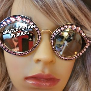 GUCCI Cat Eyes Gold Metal Frame PINK Crystals Dark Lens LTD ED LIPS Sunnies NIB